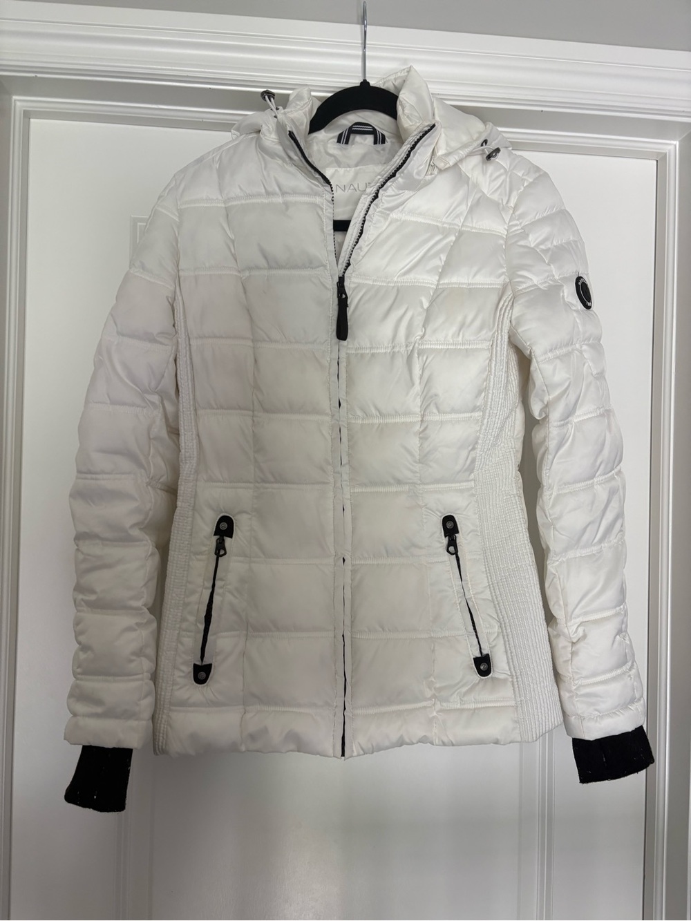 Nautica Women's White Quilted Hooded Puffer Jacket with Black Trim